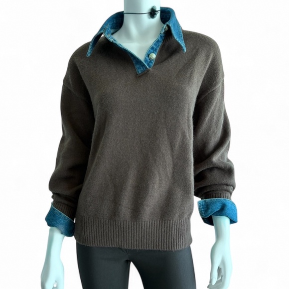Commense Brown Sweater with Denim Collar & Cuffs – Size S (NWT) - Picture 1 of 6